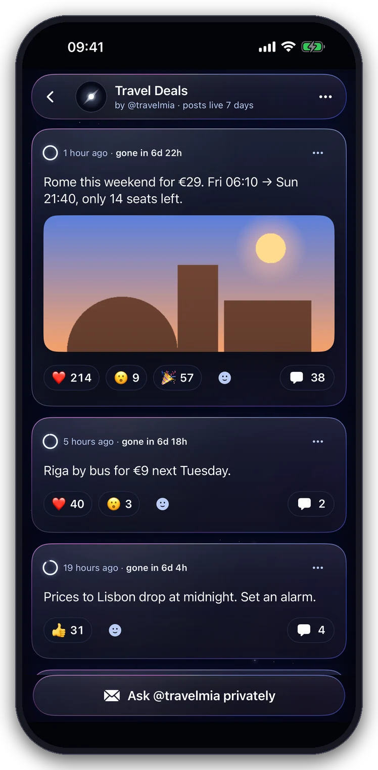 A channel page with posts, a photo, reactions and the time each post has left