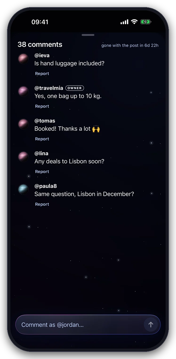 Comments under a post, signed with each person's @name