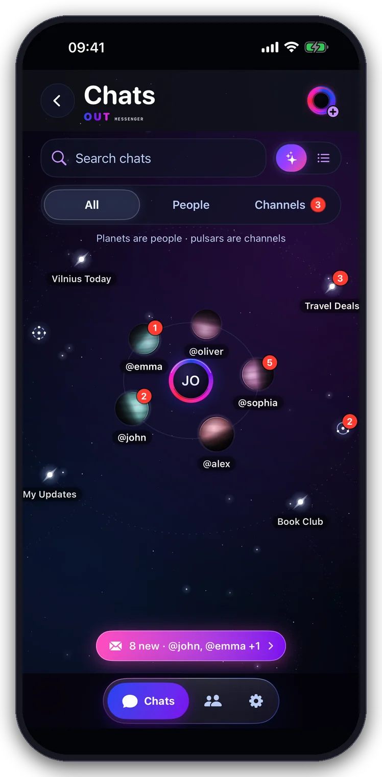 The OUT galaxy: people are planets, channels are pulsars on the outer ring
