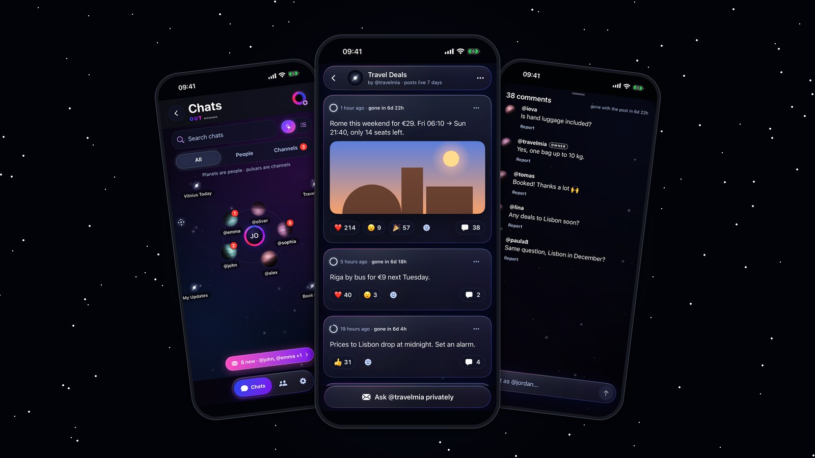OUT Channels: a channel page with a photo post, the galaxy with channels as pulsars, and the comments under a post