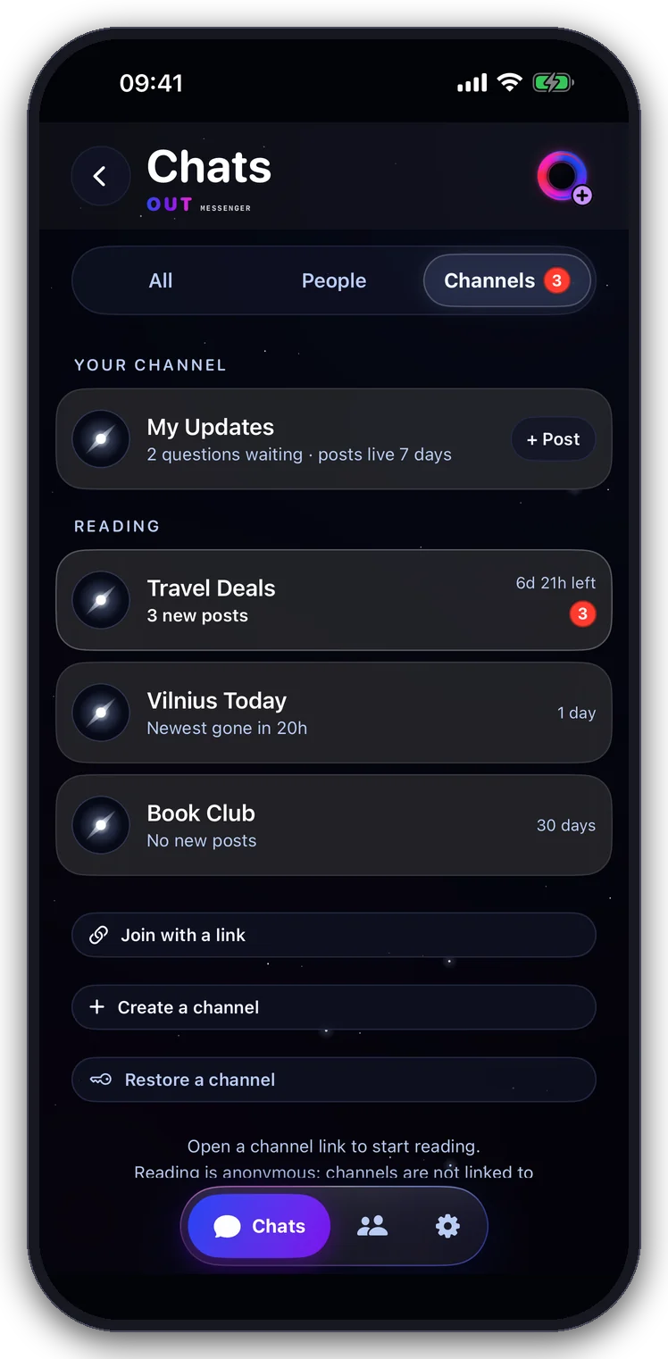 The Channels list: your channel and the channels you read, with new posts and time left