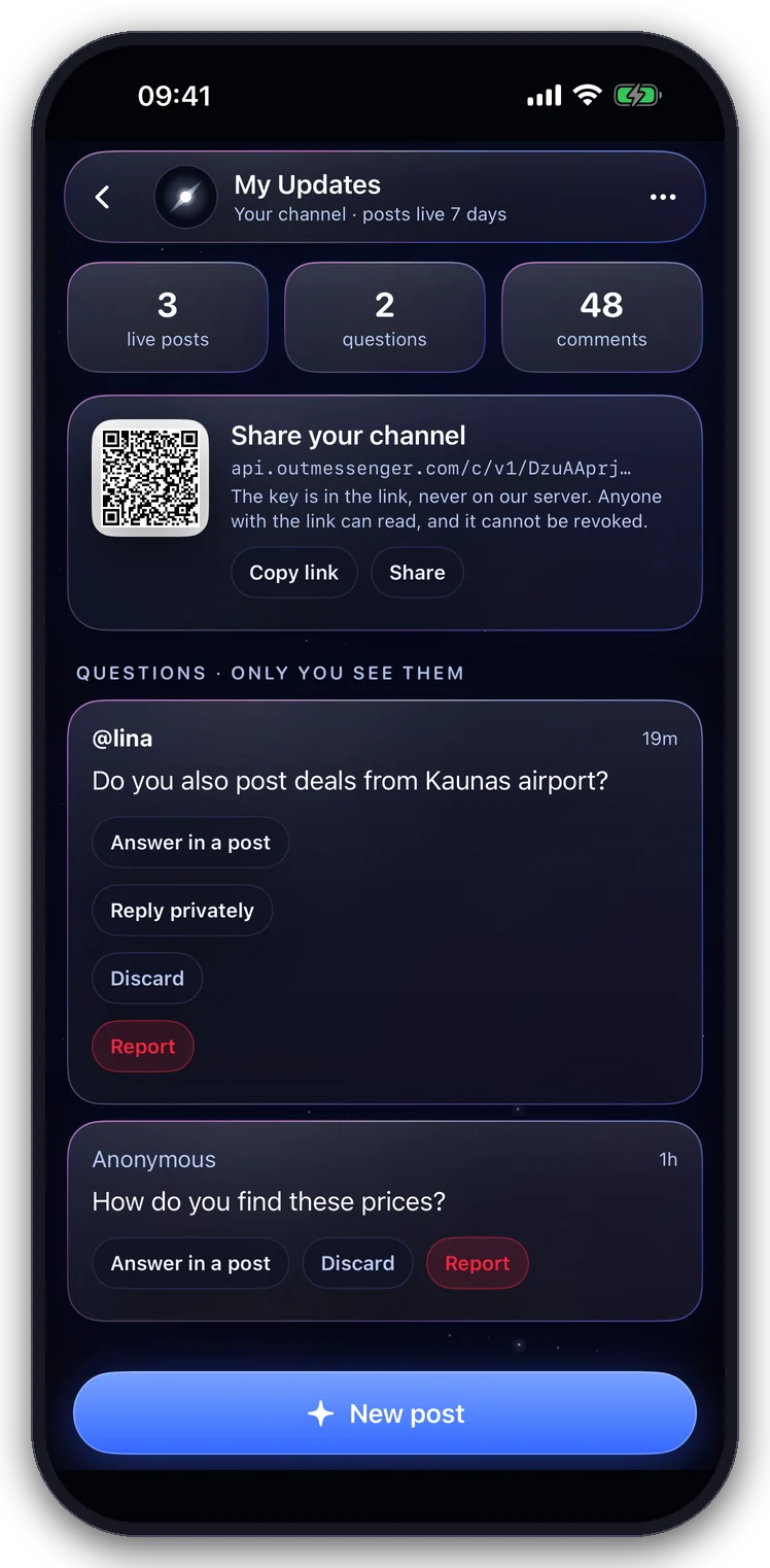 The owner dashboard: share link, QR code and private questions